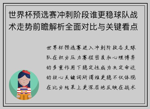 世界杯预选赛冲刺阶段谁更稳球队战术走势前瞻解析全面对比与关键看点