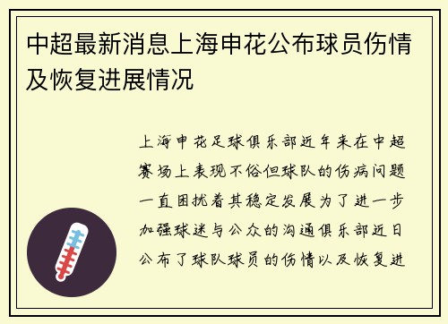 中超最新消息上海申花公布球员伤情及恢复进展情况
